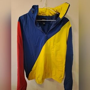 Forever 21 Men 90s Colorblock Windbreaker Anorak Jacket Size Medium Hooded EUC